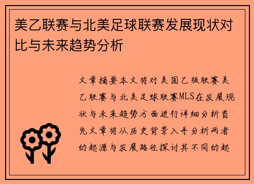 美乙联赛与北美足球联赛发展现状对比与未来趋势分析