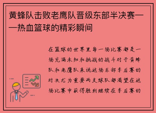 黄蜂队击败老鹰队晋级东部半决赛——热血篮球的精彩瞬间