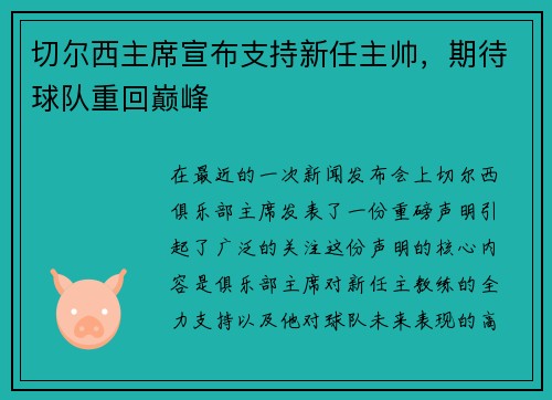 切尔西主席宣布支持新任主帅，期待球队重回巅峰